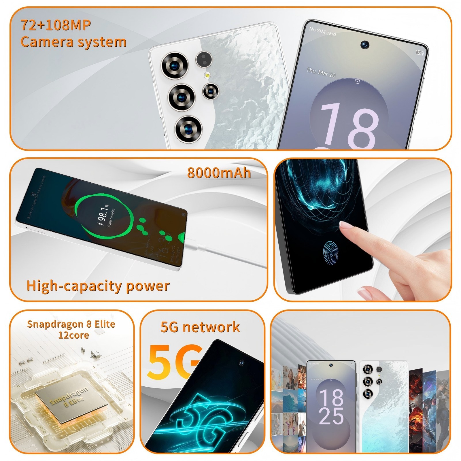 C26 Ultra 5G Unlocked Smartphone, 8GB RAM 256GB Storage Android 15 Cell Phone, 6.9inch FHD Display, 8000mAh Long Battery, Dual SIM, Face & Fingerprint Unlock, GPS, Built-in Stylus - Imagen 10